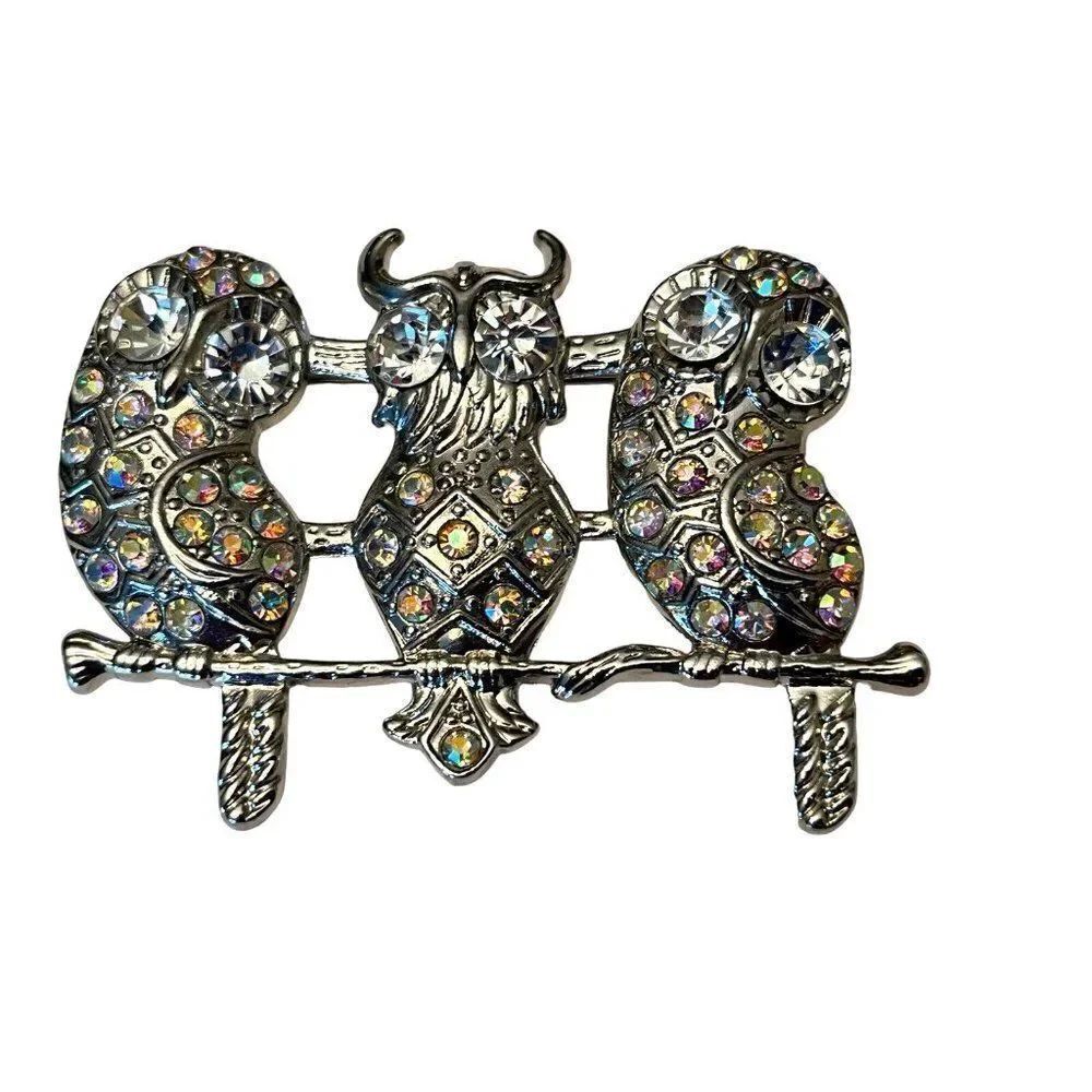 Silver Horned Owl on Branch Brooch Trio of Owls Crystals Rhinestone Eyes Costume - Picture 3 of 5